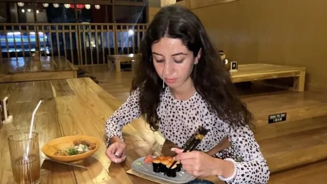 I Cum on a Girl's Face in Public Sushi Bar and She Eats Rolls with Cum on Her